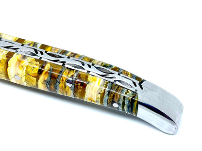 Couteau pliant damas artisanal - Laguiole en Molaire de Mammouth stabilisée et teintée jaune lame de Damas pliable 12 cm GoMai-Sunset