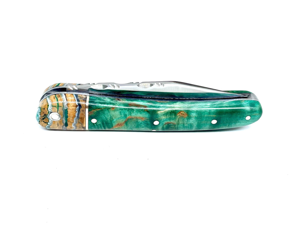 Coutellerie Passarelli - Couteau Alsacien lame pliable 10 cm mitre en molaire de mammouth, Bouleau madré teinté (vert) et stabilisé (Copie)