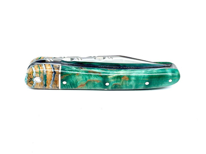 Coutellerie Passarelli - Couteau Alsacien lame pliable 10 cm mitre en molaire de mammouth, Bouleau madré teinté (vert) et stabilisé (Copie)