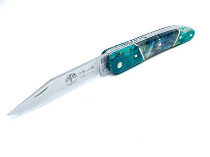 Coutellerie Passarelli - Couteau Alsacien lame pliable 10, Bouleau madré teinté (turquoise) et stabilisé, Abalone