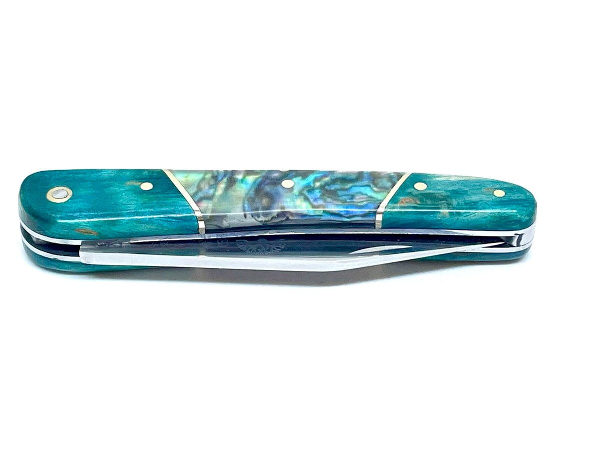 Coutellerie Passarelli - Couteau Alsacien lame pliable 10, Bouleau madré teinté (turquoise) et stabilisé, Abalone
