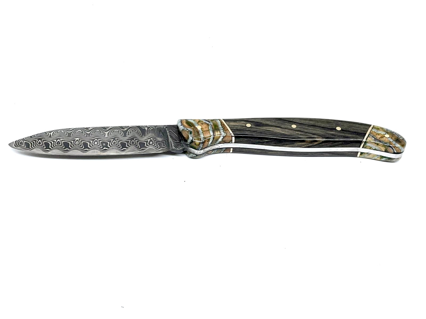 Coutellerie Passarelli - Couteau de chasse lame de Damas 10 cm fixe non pliable ébène royale du Laos et molaire de mammouth stabilisée et teintée