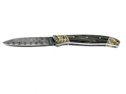 Coutellerie Passarelli - Couteau de chasse lame de Damas 10 cm fixe non pliable ébène royale du Laos et molaire de mammouth stabilisée et teintée