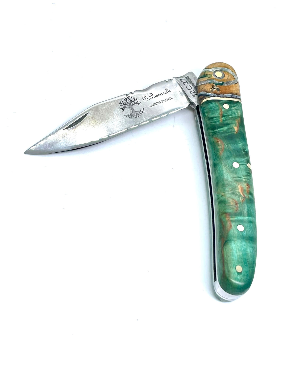 Coutellerie Passarelli - Couteau Alsacien lame pliable 10 cm mitre en molaire de mammouth, Bouleau madré teinté (vert) et stabilisé (Copie)