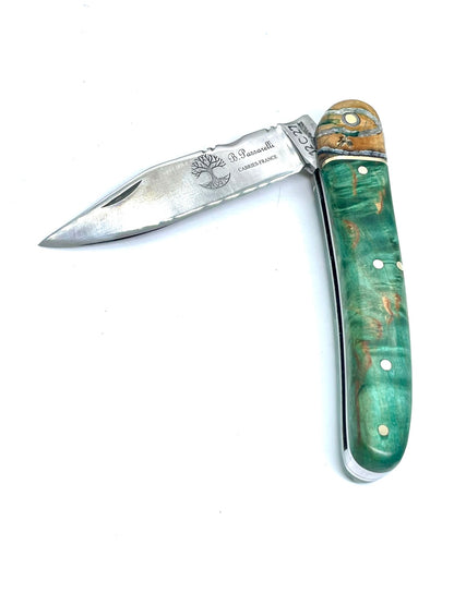 Coutellerie Passarelli - Couteau Alsacien lame pliable 10 cm mitre en molaire de mammouth, Bouleau madré teinté (vert) et stabilisé (Copie)