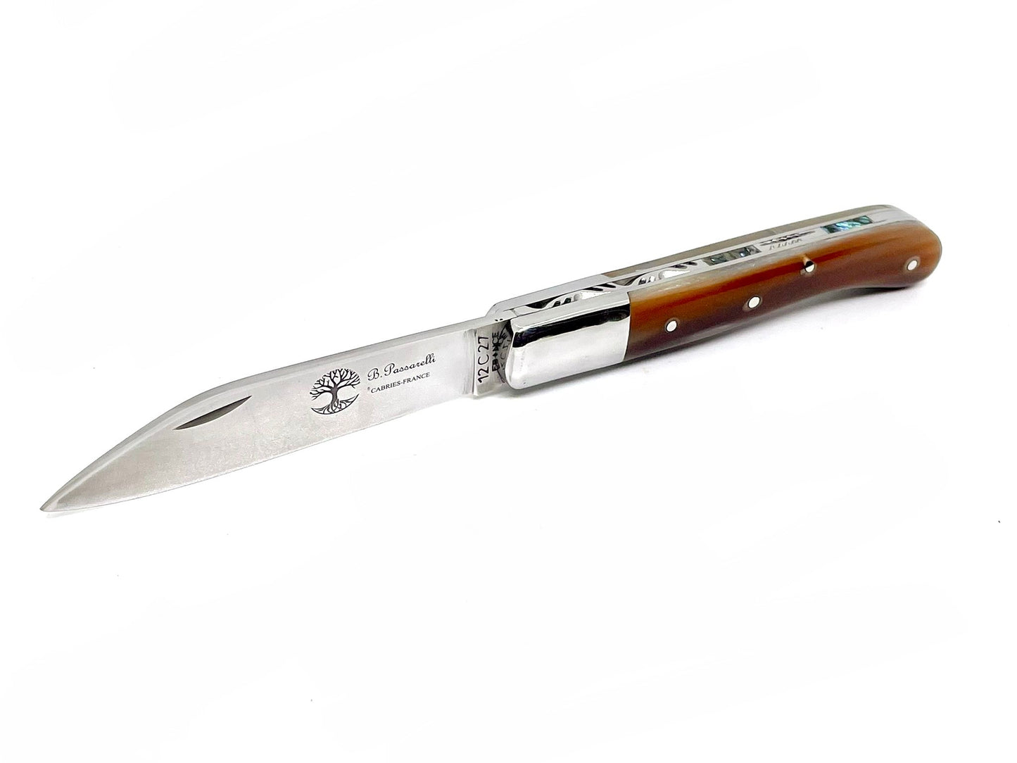 Coutellerie Passarelli - Couteau Aurillac lame pliable 10.5 cm Corne de buffle et inserts de nacre