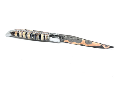 Couteau pliant damas artisanal - Laguiole en Molaire de Mammouth noire lame de Damas pliable 12 cm GoMai-Sunset