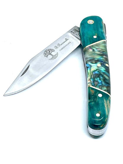 Coutellerie Passarelli - Couteau Alsacien lame pliable 10, Bouleau madré teinté (turquoise) et stabilisé, Abalone