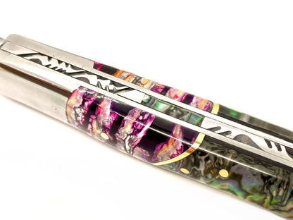 Coutellerie Passarelli - Couteau Yssingeaux lame de Damas 10,5 cm molaire de mammouth stabilisée et teintée et abalone