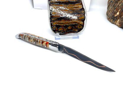 Couteau pliant damas artisanal - Laguiole en Molaire de Mammouth stabilisée et teintée jaune lame de Damas pliable 12 cm Cushim - Dark Mai