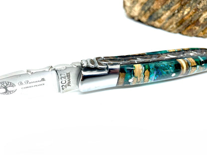 Coutellerie Passarelli - Couteau Laguiole lame pliable 12cm molaire de mammouth teintée et stabilisée abalone