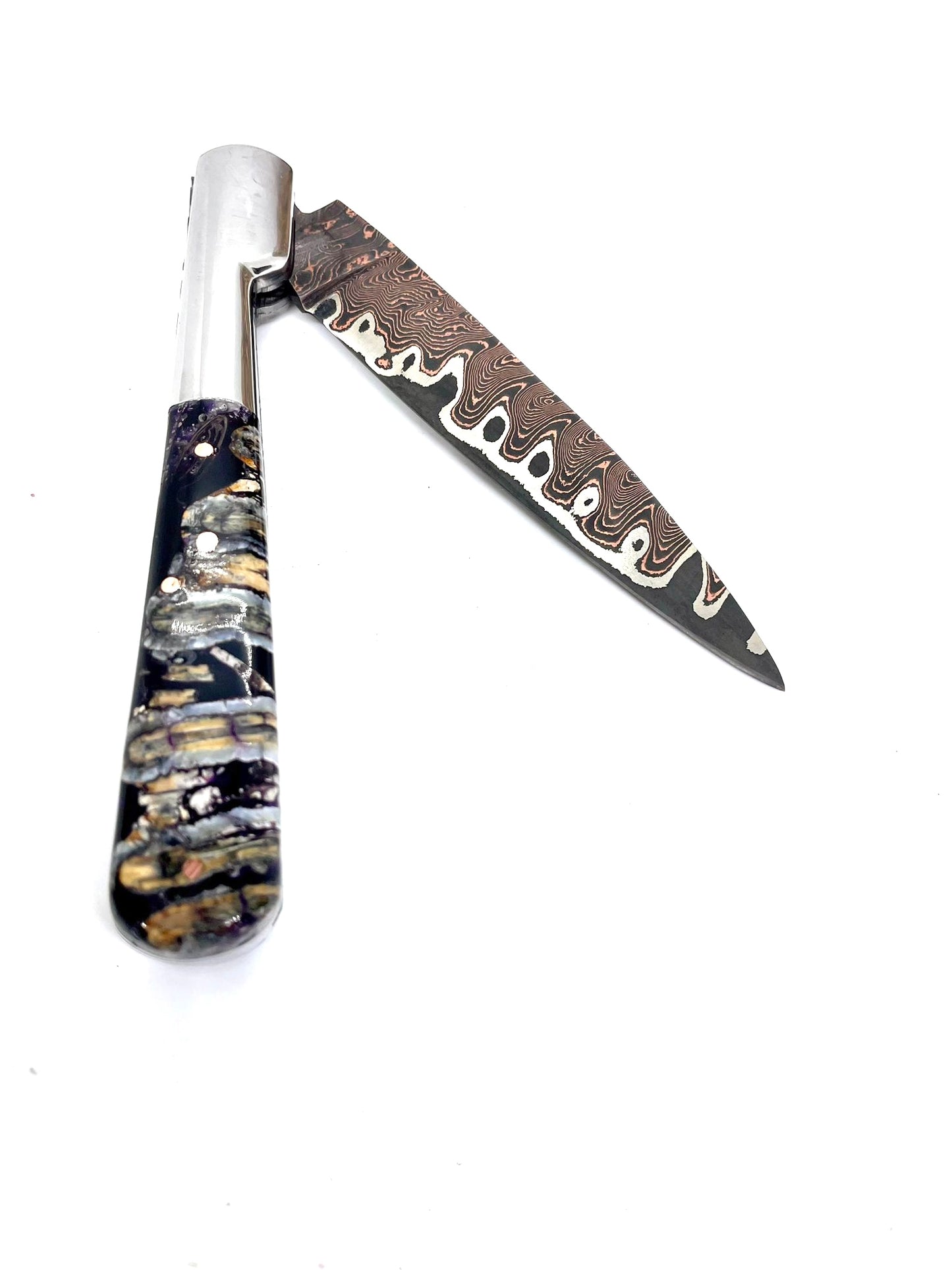 Couteau pliant damas artisanal - Vendetta Molaire de Mammouth stabilisée lame de Damas pliable 13 cm Lame Baker Forge - CopperMai Nishim - Ripple