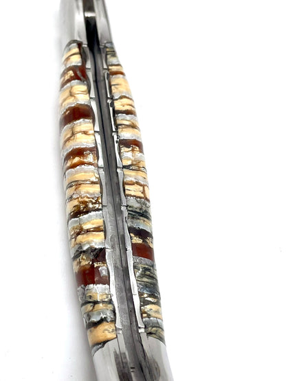 Couteau pliant damas artisanal - Laguiole Molaire de Mammouth stabilisée lame de Damas pliable 12 cm Lame Baker Forge - CopperMai Nishim - Ripple