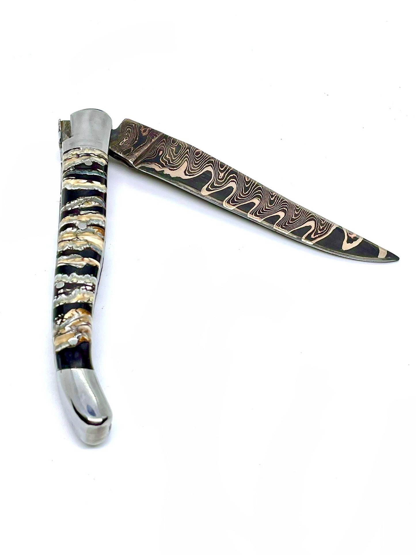 Couteau pliant damas artisanal - Laguiole Molaire de Mammouth stabilisée lame de Damas pliable 12 cm Lame Baker Forge - CopperMai Nishim - Ripple