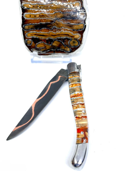 Couteau pliant damas artisanal - Laguiole en Molaire de Mammouth stabilisée et teintée jaune lame de Damas pliable 12 cm Cushim - Dark Mai