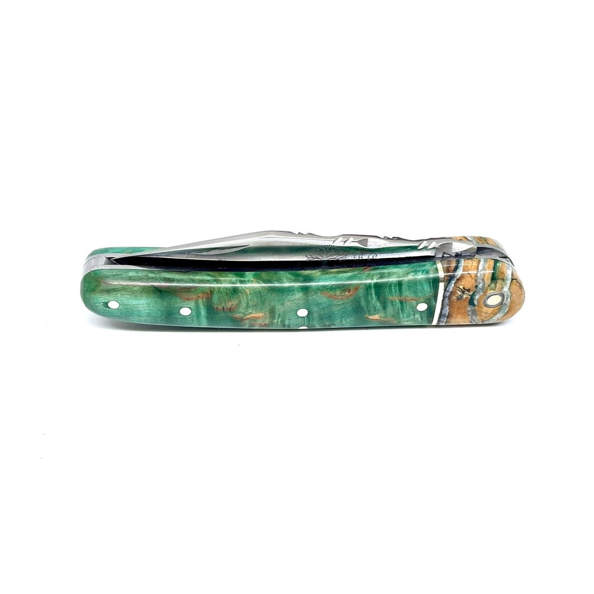 Coutellerie Passarelli - Couteau Alsacien lame pliable 10 cm mitre en molaire de mammouth, Bouleau madré teinté (vert) et stabilisé (Copie)