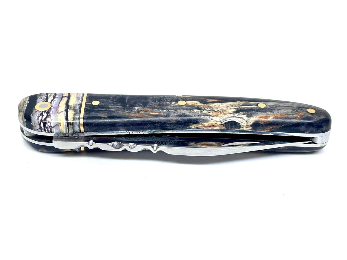 Coutellerie Passarelli - Couteau Alsacien lame pliable 10 cm mitre en molaire de mammouth, Bouleau madré teinté (noir) et stabilisé