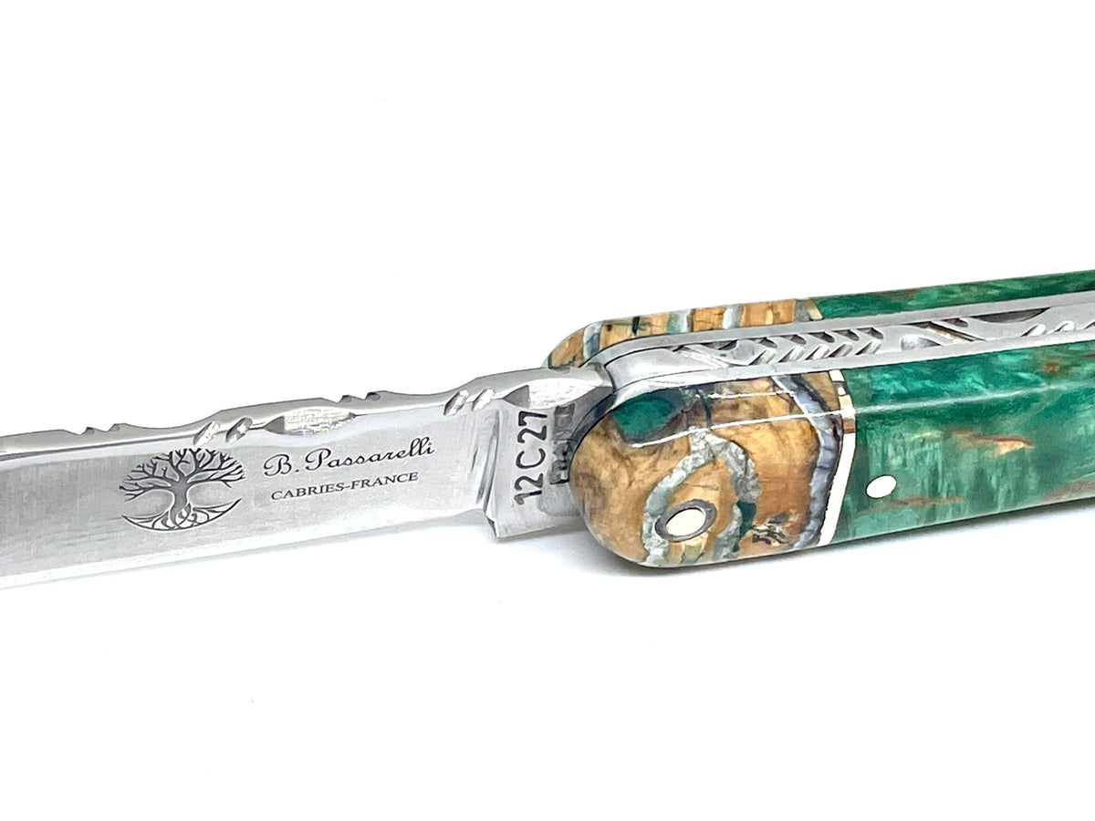 Coutellerie Passarelli - Couteau Alsacien lame pliable 10 cm mitre en molaire de mammouth, Bouleau madré teinté (vert) et stabilisé (Copie)