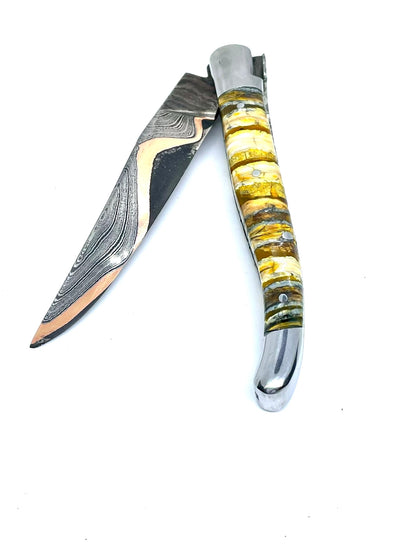 Couteau pliant damas artisanal - Laguiole en Molaire de Mammouth stabilisée et teintée jaune lame de Damas pliable 12 cm GoMai-Sunset