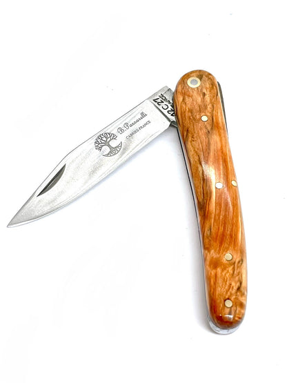 Coutellerie Passarelli - Couteau Alsacien lame pliable 10 cm Bouleau madré teinté et stabilisé orange