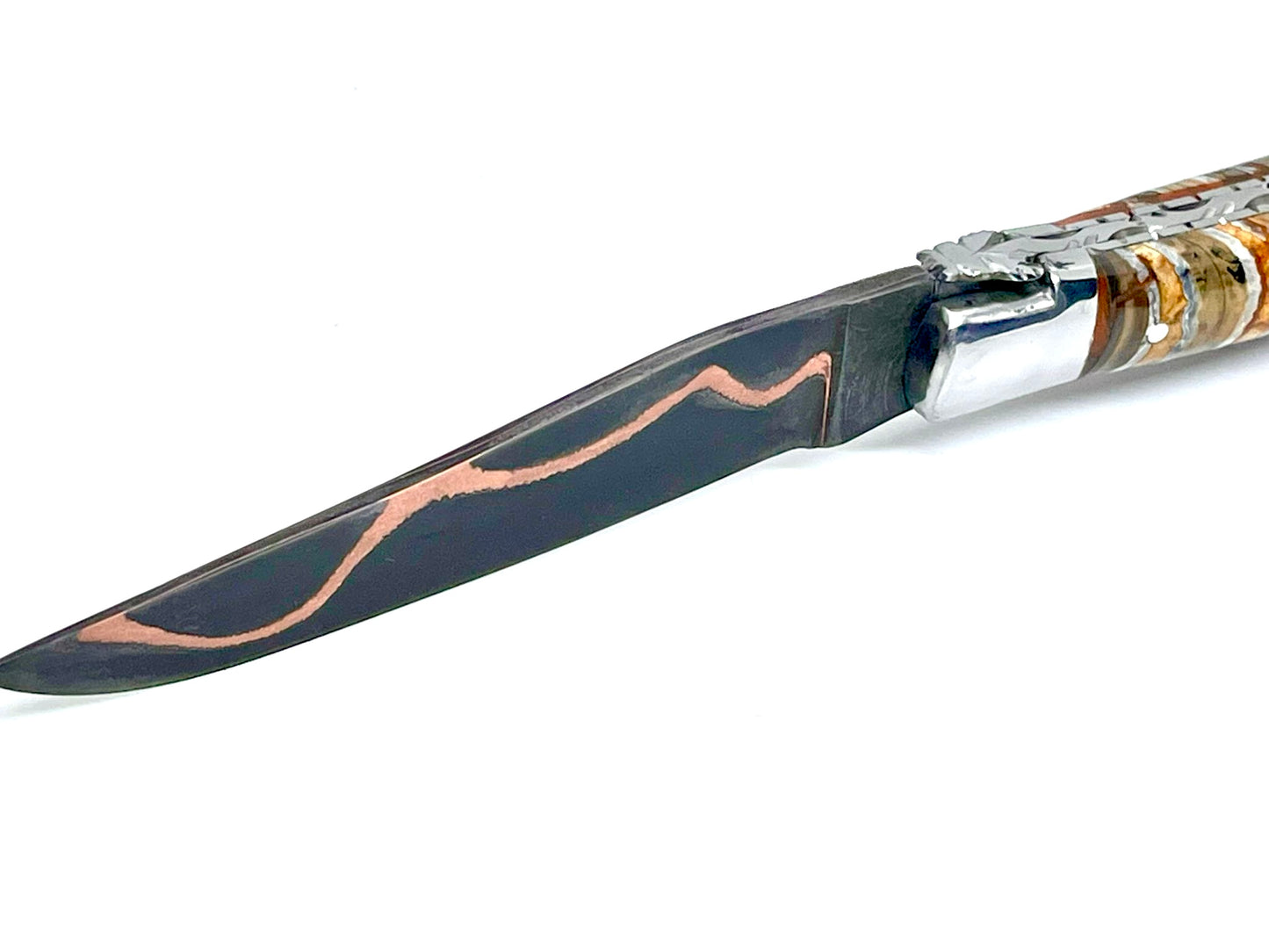 Couteau pliant damas artisanal - Laguiole en Molaire de Mammouth stabilisée et teintée jaune lame de Damas pliable 12 cm Cushim - Dark Mai