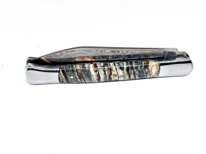 Couteau pliant damas artisanal - Roquefort en Molaire de Mammouth stabilisée et teintée lame de Damas pliable 11.5 cm GoMai-Sunset