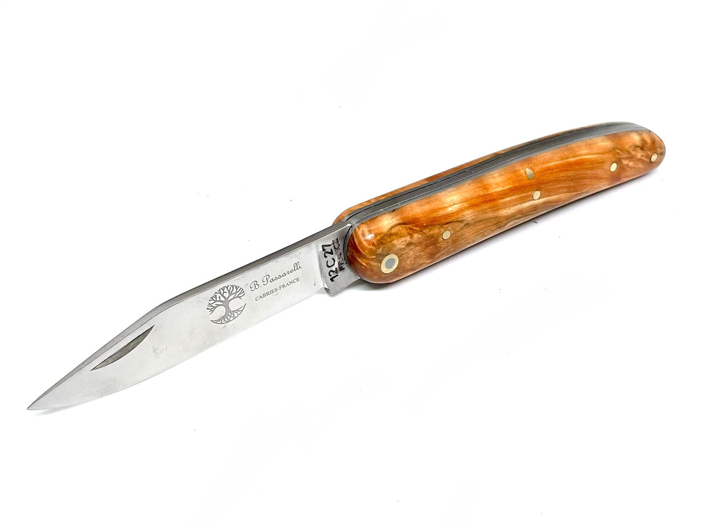 Coutellerie Passarelli - Couteau Alsacien lame pliable 10 cm Bouleau madré teinté et stabilisé orange