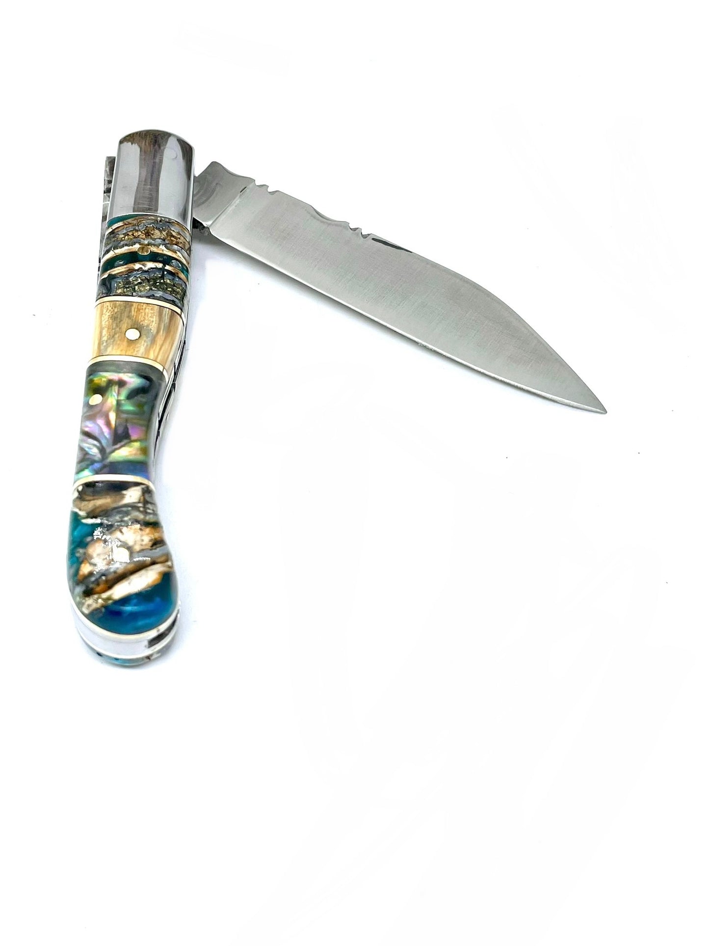 Coutellerie Passarelli - Couteau Aurillac lame pliable 10.5 cm défense et molaire de mammouth, abalone lame pliable 10.5cm