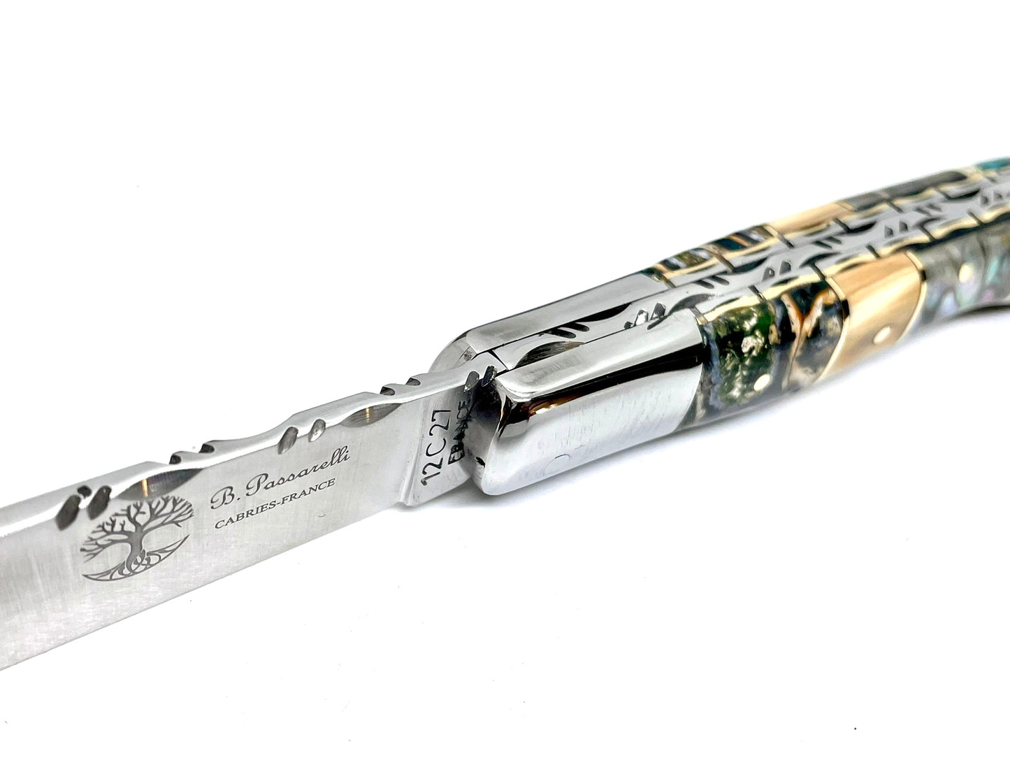 Coutellerie Passarelli - Couteau Aurillac lame pliable 10.5 cm défense et molaire de mammouth, abalone lame pliable 10.5cm