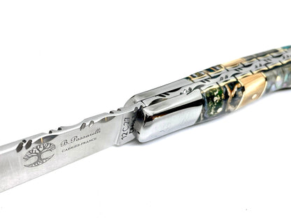 Coutellerie Passarelli - Couteau Aurillac lame pliable 10.5 cm défense et molaire de mammouth, abalone lame pliable 10.5cm