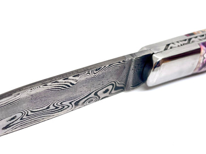 Coutellerie Passarelli - Couteau Yssingeaux lame de Damas 10,5 cm molaire de mammouth stabilisée et teintée et abalone