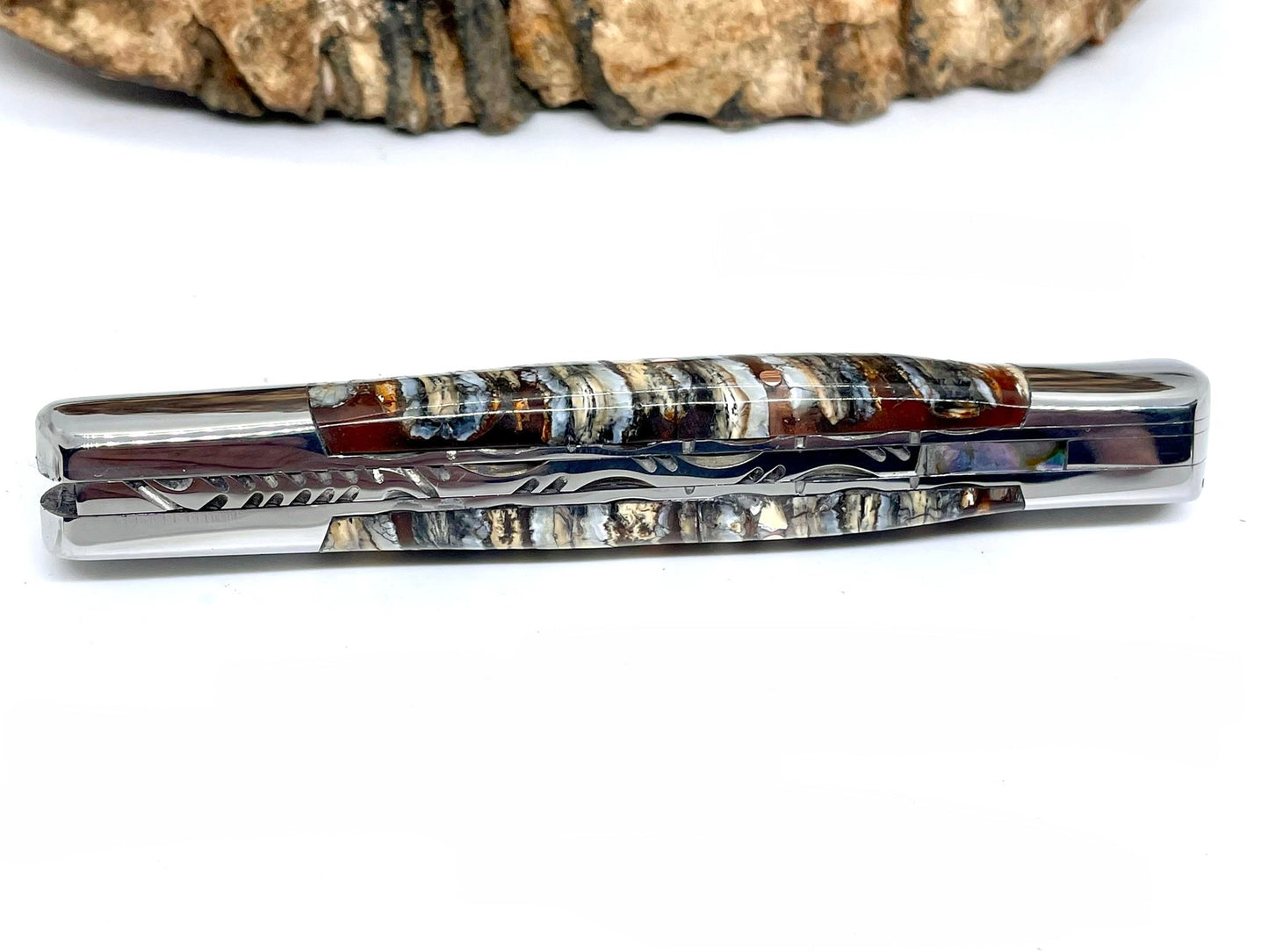 Couteau pliant damas artisanal - Roquefort en Molaire de Mammouth stabilisée et teintée lame de Damas pliable 11.5 cm GoMai-Sunset