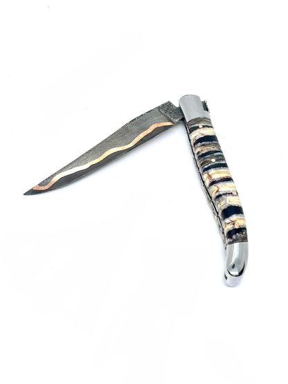 Couteau pliant damas artisanal - Laguiole en Molaire de Mammouth noire lame de Damas pliable 12 cm GoMai-Sunset
