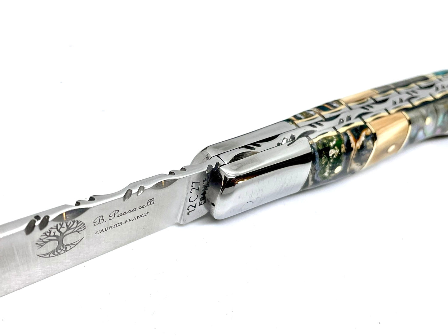 Coutellerie Passarelli - Couteau Aurillac lame pliable 10.5 cm défense et molaire de mammouth, abalone lame pliable 10.5cm