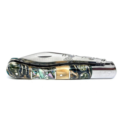 Coutellerie Passarelli - Couteau Aurillac lame pliable 10.5 cm défense et molaire de mammouth, abalone lame pliable 10.5cm