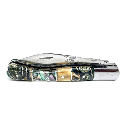 Coutellerie Passarelli - Couteau Aurillac lame pliable 10.5 cm défense et molaire de mammouth, abalone lame pliable 10.5cm