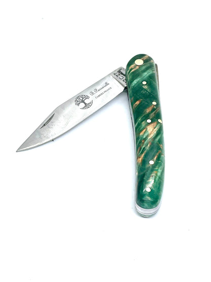 Coutellerie Passarelli - Couteau Alsacien lame pliable 10 cm Bouleau madré teinté et stabilisé vert