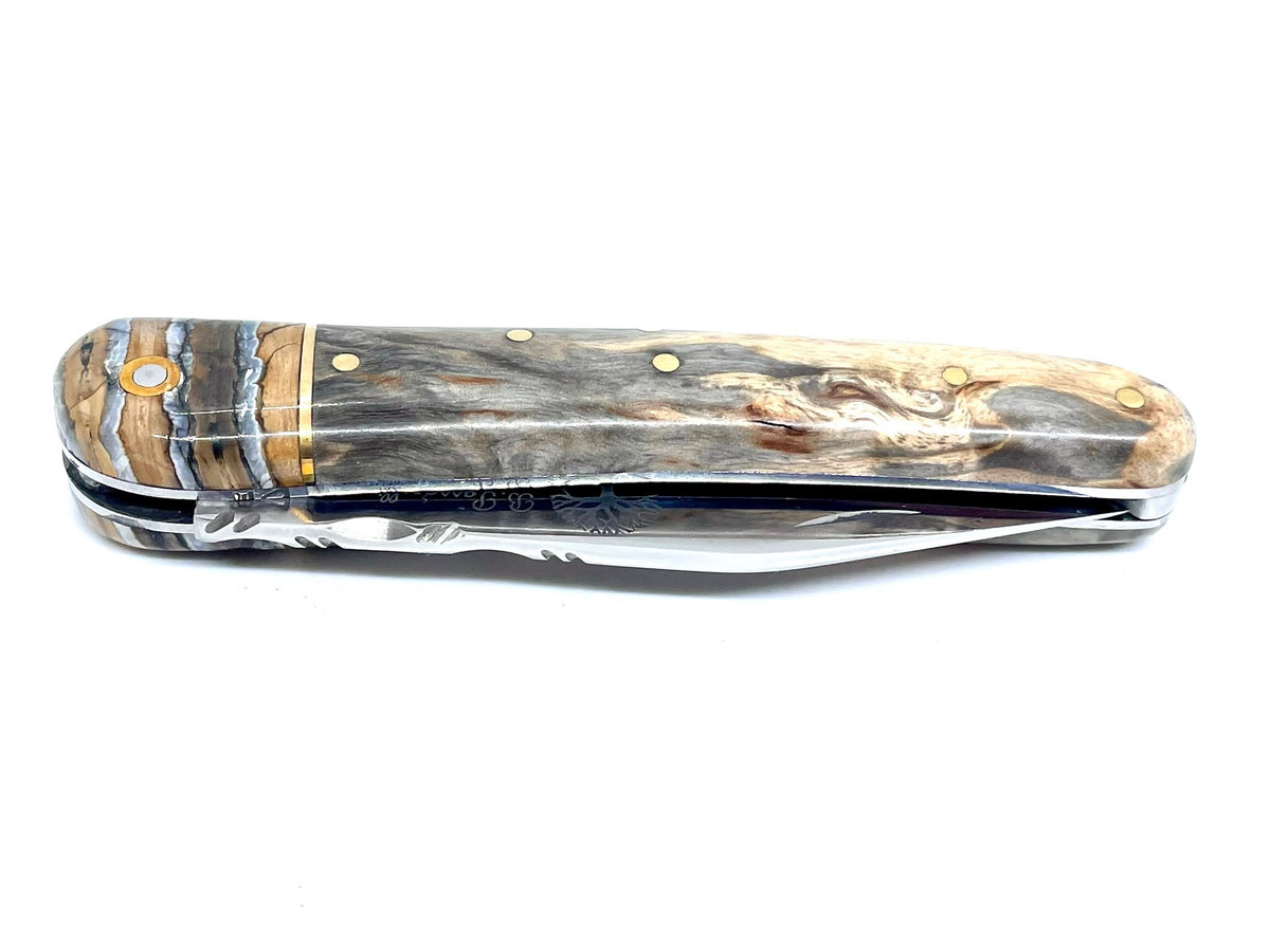 Coutellerie Passarelli - Couteau Alsacien lame pliable 10 cm mitre en molaire de mammouth, Bouleau madré teinté (gris) et stabilisé