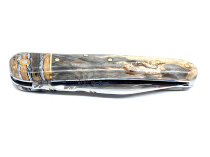 Coutellerie Passarelli - Couteau Alsacien lame pliable 10 cm mitre en molaire de mammouth, Bouleau madré teinté (gris) et stabilisé