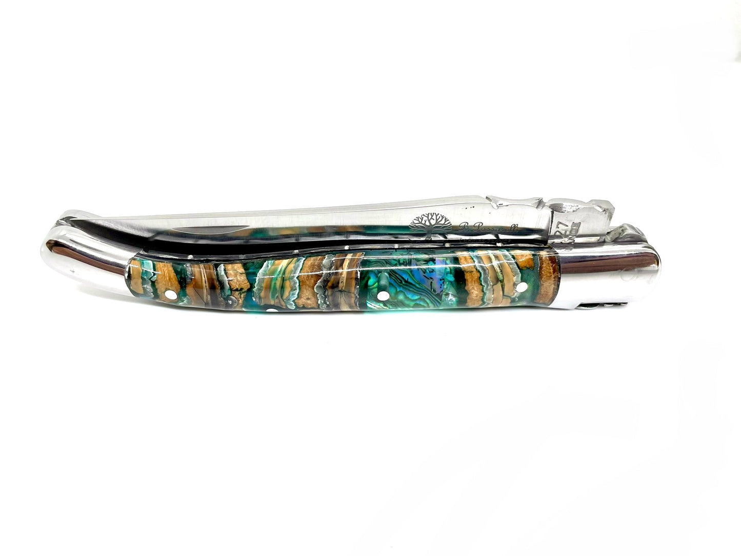Coutellerie Passarelli - Couteau Laguiole lame pliable 12cm molaire de mammouth teintée et stabilisée abalone