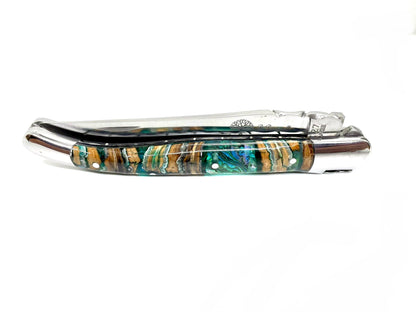 Coutellerie Passarelli - Couteau Laguiole lame pliable 12cm molaire de mammouth teintée et stabilisée abalone