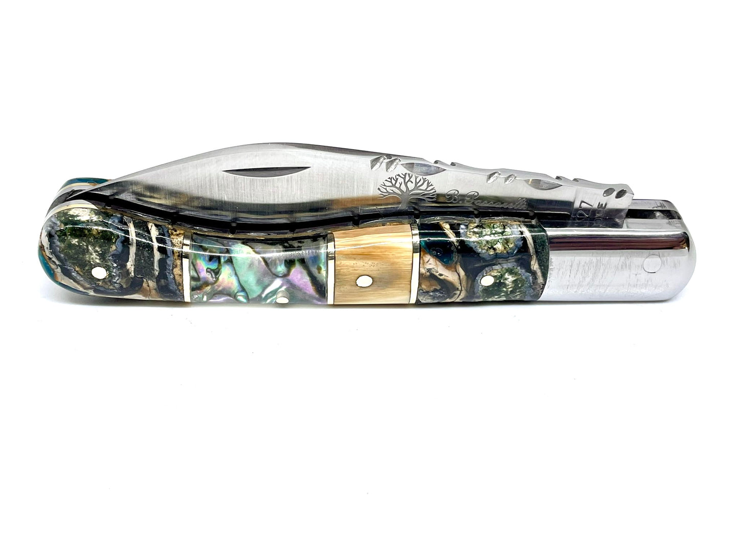Coutellerie Passarelli - Couteau Aurillac lame pliable 10.5 cm défense et molaire de mammouth, abalone lame pliable 10.5cm