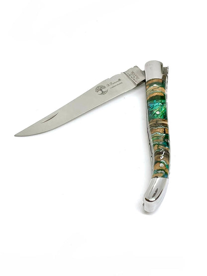 Coutellerie Passarelli - Couteau Laguiole lame pliable 12cm molaire de mammouth teintée et stabilisée abalone