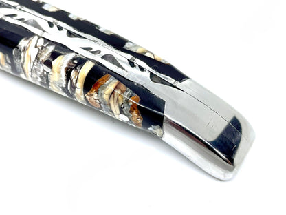 Couteau pliant damas artisanal - Laguiole Molaire de Mammouth stabilisée lame de Damas pliable 12 cm Lame Baker Forge - CopperMai Nishim - Ripple