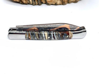 Couteau pliant damas artisanal - Roquefort en Molaire de Mammouth stabilisée et teintée lame de Damas pliable 11.5 cm GoMai-Sunset