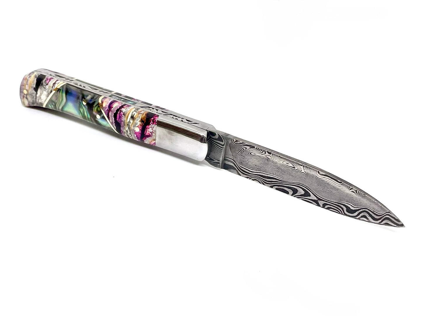 Coutellerie Passarelli - Couteau Yssingeaux lame de Damas 10,5 cm molaire de mammouth stabilisée et teintée et abalone