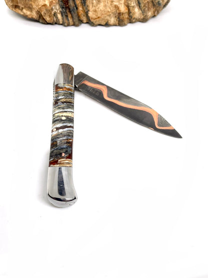Couteau pliant damas artisanal - Roquefort en Molaire de Mammouth stabilisée et teintée lame de Damas pliable 11.5 cm GoMai-Sunset