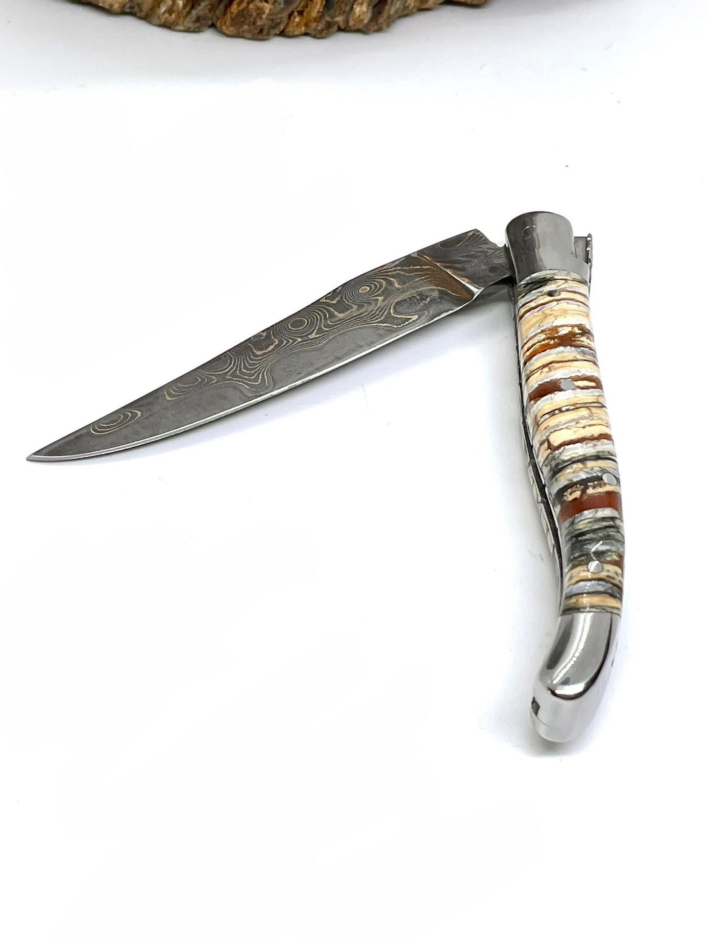 Couteau pliant damas artisanal - Laguiole Molaire de Mammouth stabilisée lame de Damas pliable 12 cm Lame Baker Forge - CopperMai Nishim - Ripple