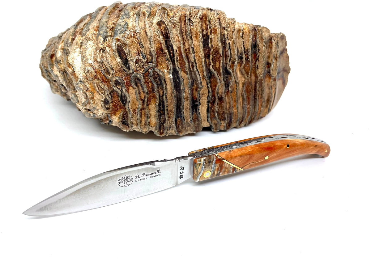 Coutellerie Passarelli - Couteau Saint-Amans lame pliable 11 cm mitre en molaire de mammouth, Bouleau madré teinté (orange) et stabilisé