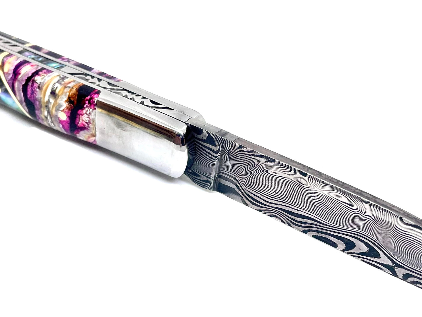 Coutellerie Passarelli - Couteau Yssingeaux lame de Damas 10,5 cm molaire de mammouth stabilisée et teintée et abalone